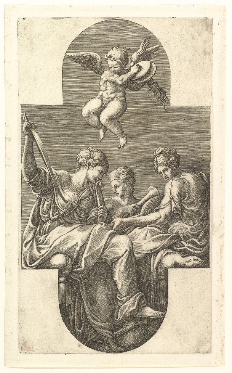 Three Muses and a Putto with Cymbals, en korsformet komposisjon, fra en serie på åtte kom..., 1560-tallet. av Giorgio Ghisi