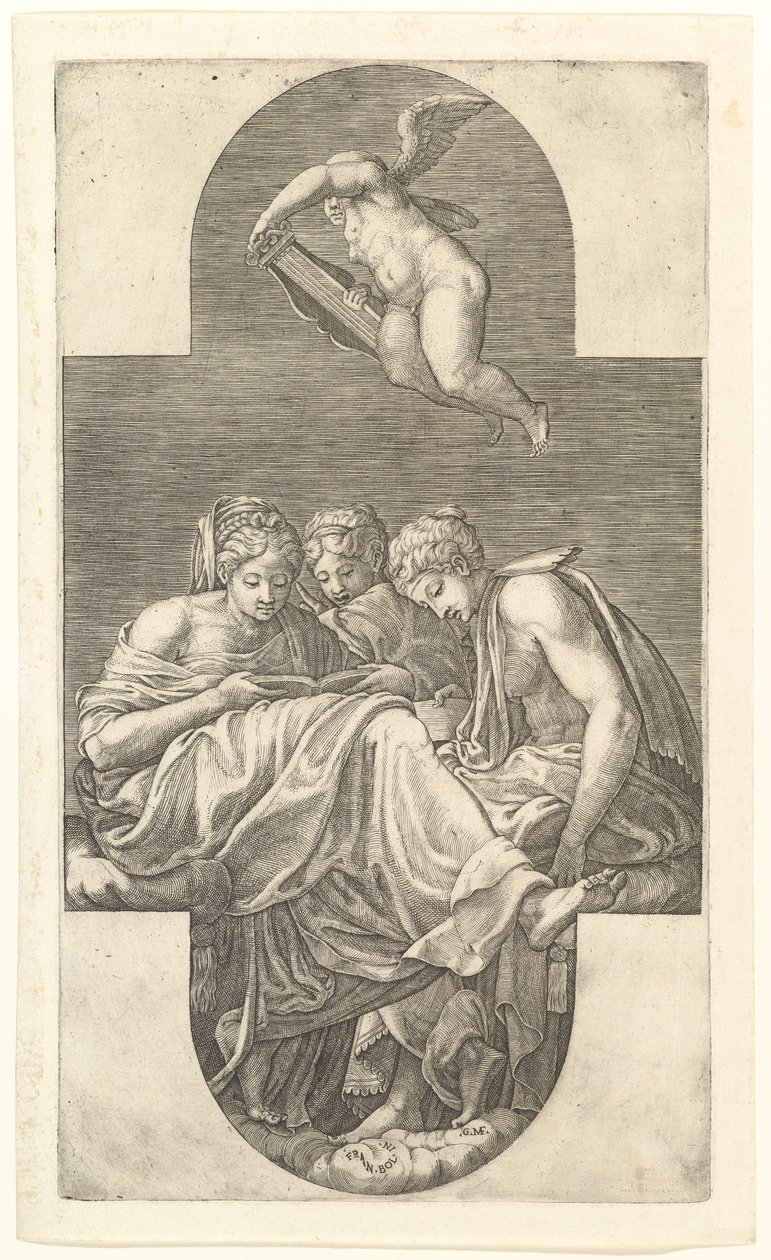 Three Muses and a Putto with a Lyre, en korsformet komposisjon, fra en serie på åtte komp..., 1560-tallet. av Giorgio Ghisi