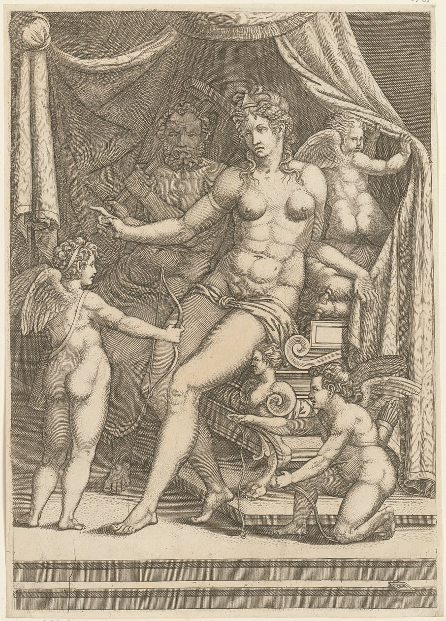 Venus og Vulkan sittende på en seng av Giorgio Ghisi