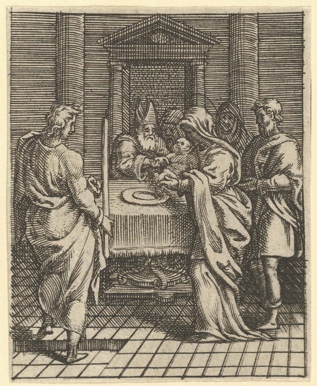 Virgin of Sorrows: The Presentation in the Temple, en av ni omkringliggende avdelinger..., innen 1575. av Giorgio Ghisi