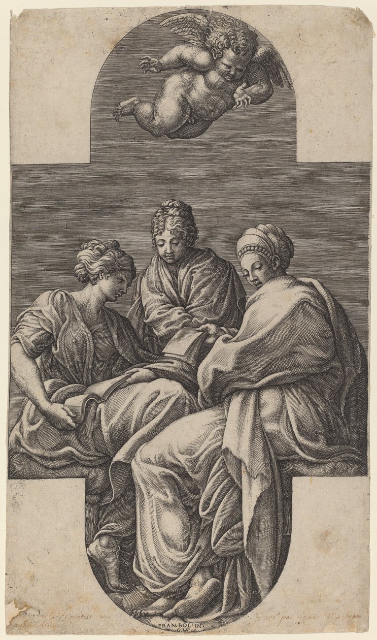 Tre muser og en gestusende putto av Giorgio Ghisi after Francesco Primaticcio