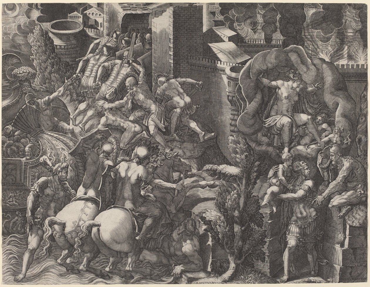 Trojas fall og Aeneas flukt av Giorgio Ghisi after Giovanni Battista Scultori
