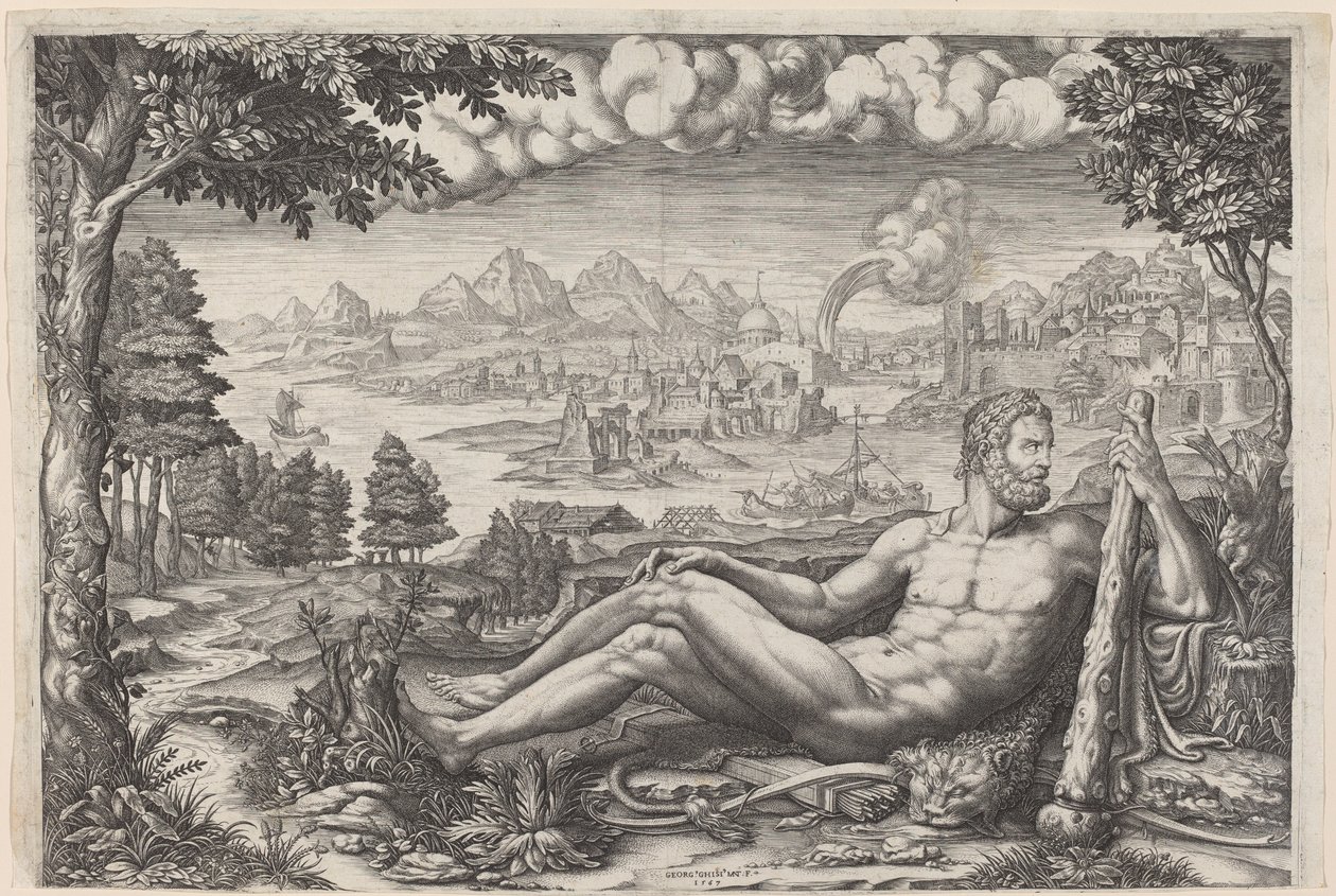 Hercules hviler fra sitt arbeid av Giorgio Ghisi after Giulio Romano