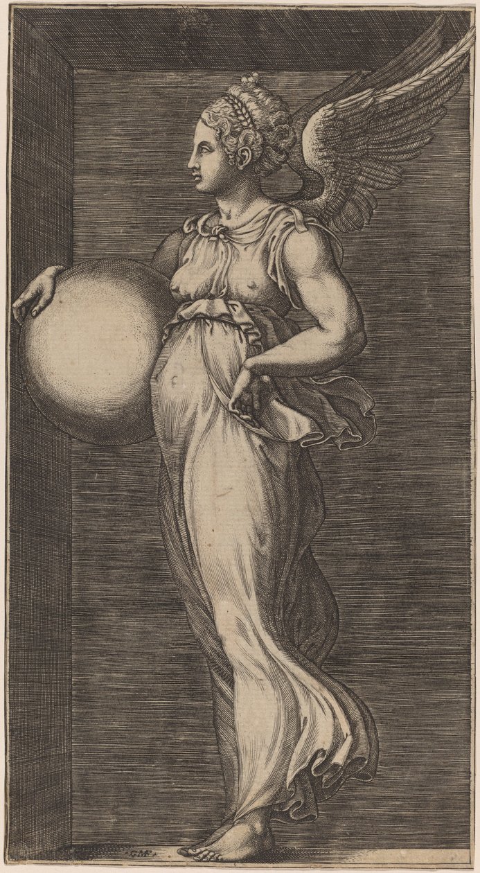 Allegorisk figur som holder en sfære av Giorgio Ghisi possibly after Giulio Romano