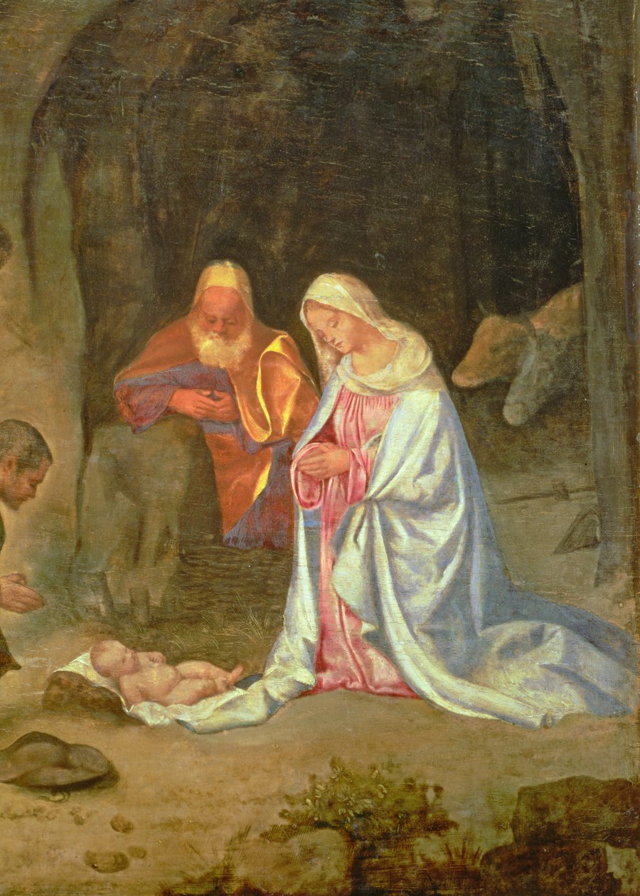 Tilbedelse av hyrdene, detalj av den hellige familie, ca. 1510 (panel) (detalj av 68685) av Giorgio Giorgione