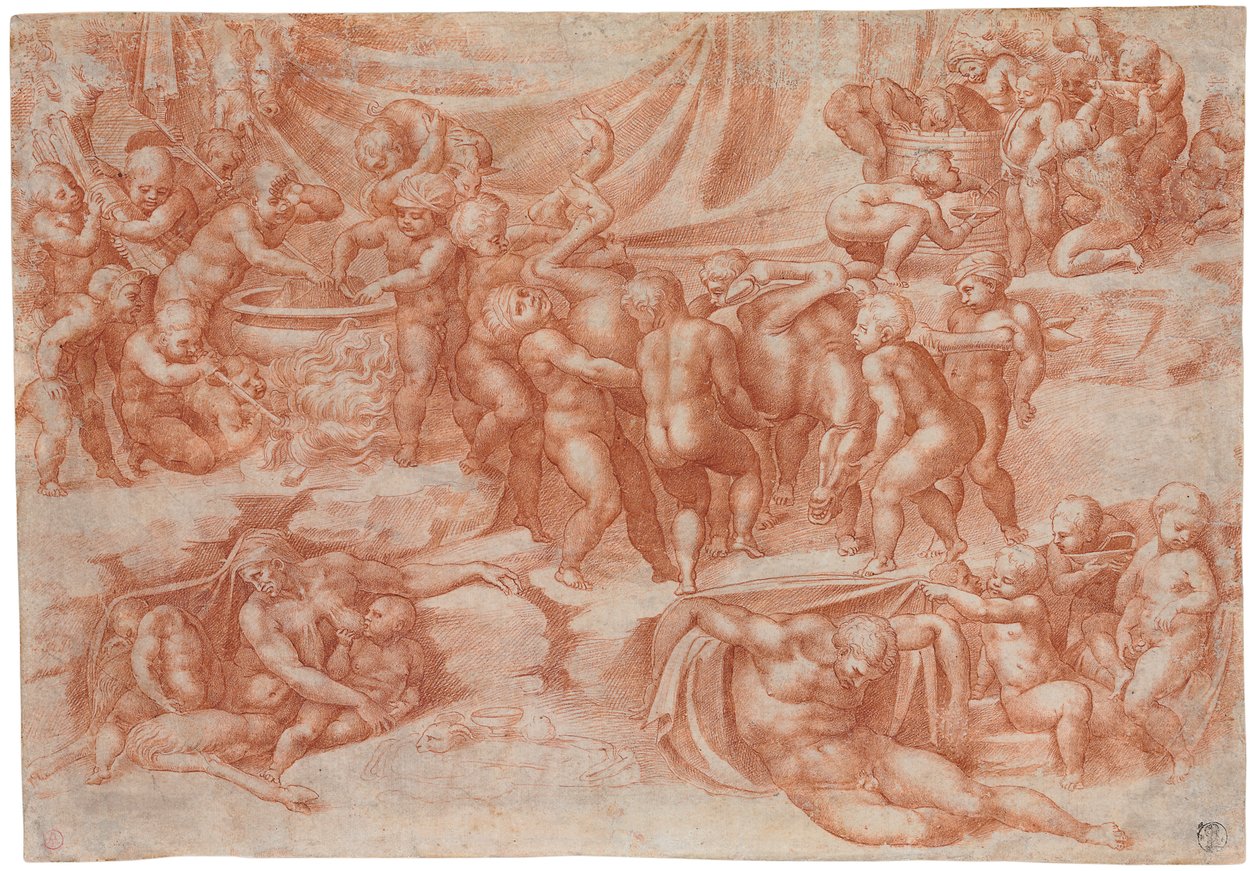 En bacchanal av barn, etter Michelangelo av Giorgio Giulio Clovio