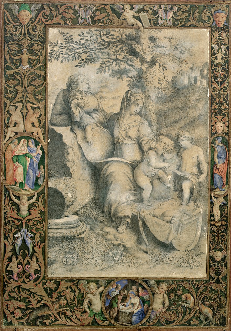 Kant til et opplyst manuskript rundt en tegning etter Rafaels The Holy family under the Oak (tilskrevet Clovio), av Giorgio Giulio Clovio