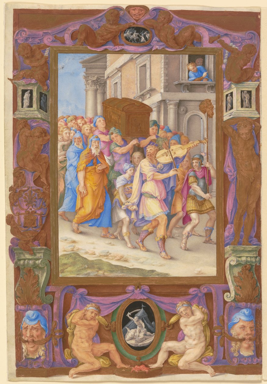 Kong David danser foran paktens ark, i en dekorativ ramme, ca. 1540 (akvarell og kroppsfarge på pergament) av Giorgio Giulio Clovio