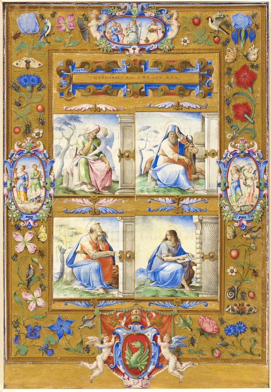 De fire evangelistene, innenfor en grense av blomster, fugler og insekter av Giorgio Giulio Clovio