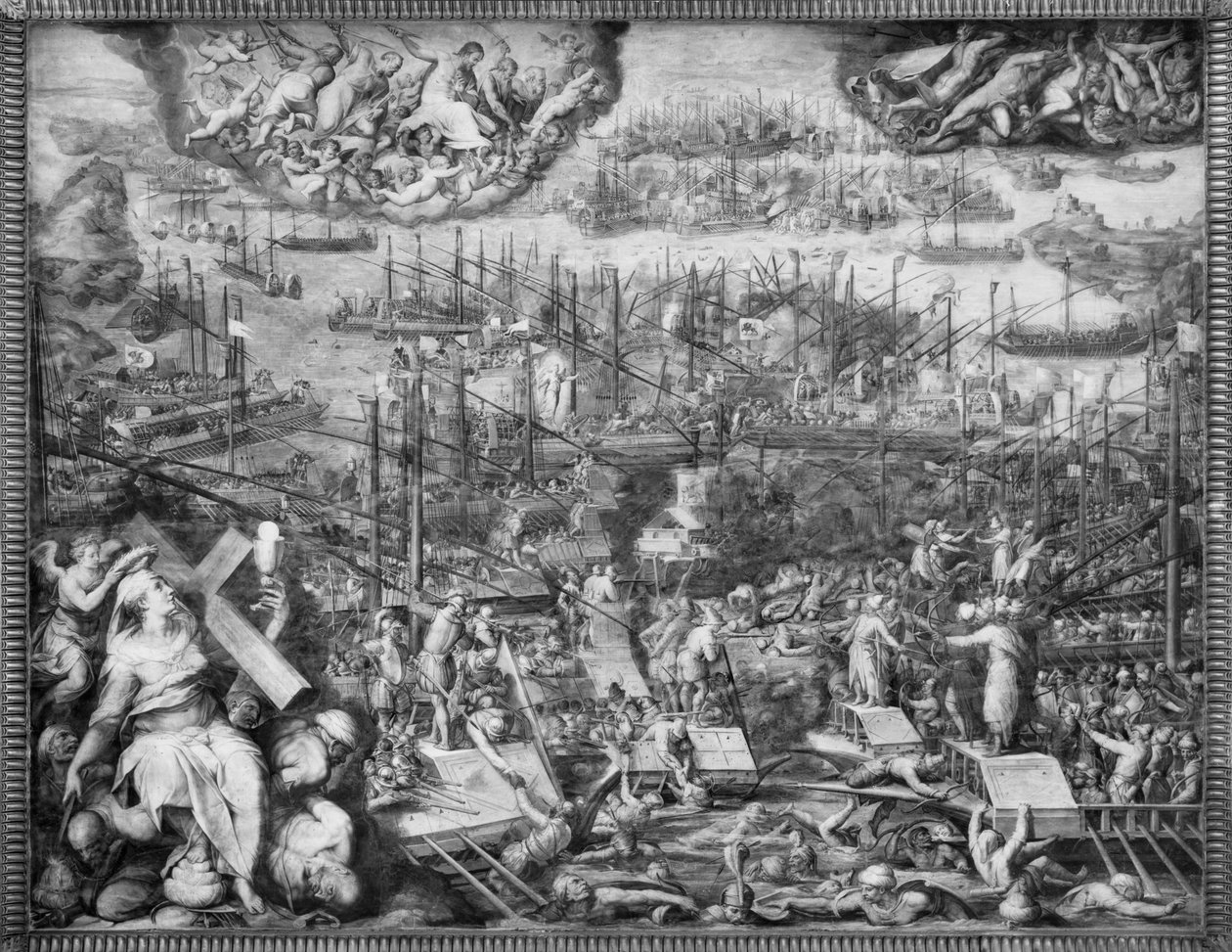 Slaget ved Lepanto (fresco) (s/hvitt bilde) av Giorgio Vasari