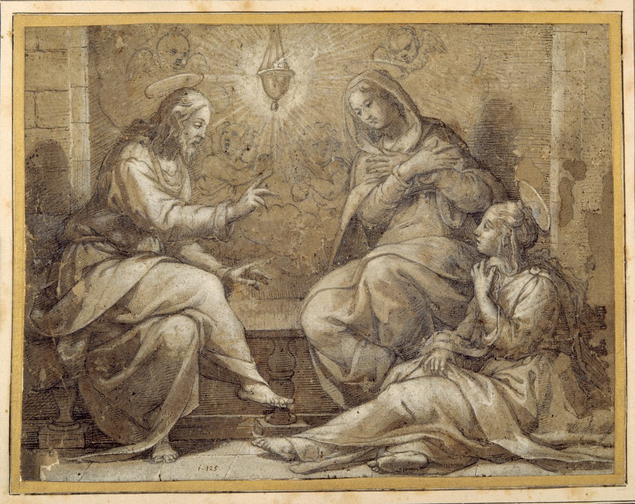 Kristus i huset til Martha og Maria (penn og blekk med vask og gouache, over kritt, på papir) av Giorgio Vasari