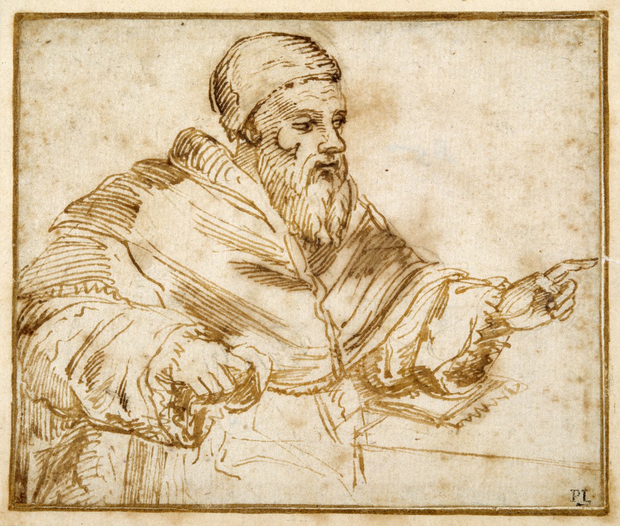 Clement VII sitter ved et bord (penn og blekk på papir) av Giorgio Vasari