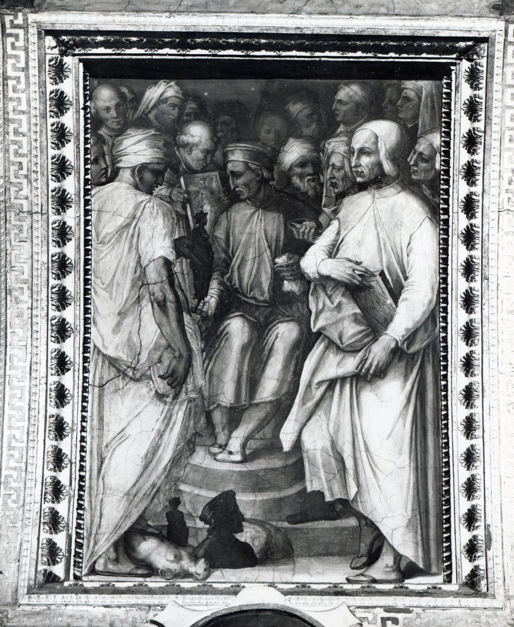 Cosimo de Medici sitter blant filosofer og kunstnere i Sala di Cosimo il Vecchio av Giorgio Vasari