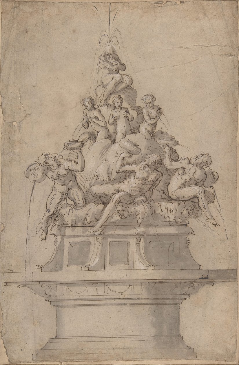 Design for en fontene med elveguder og nymfer., 1511-74. av Giorgio Vasari