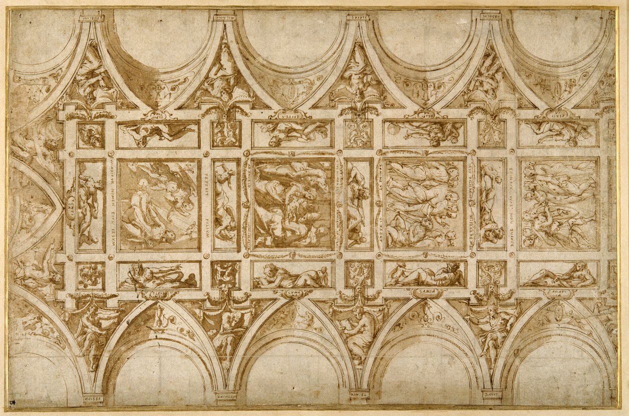 Design for refektortaket til Jesuit College i Cortona (penn og brunt blekk med lysebrun vask) av Giorgio Vasari