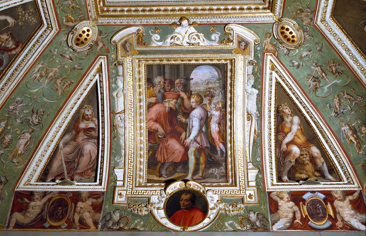 Detalj av rommet til Cosimo de Medicis som representerer seg selv med Sante Bentivoglio, guvernør i byen Bologna (fresco). av Giorgio Vasari