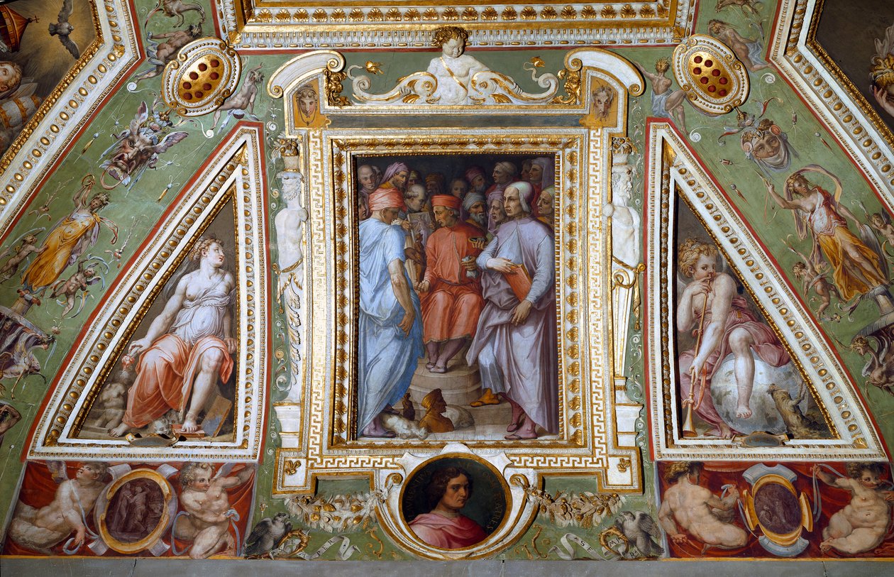 Detalj av rommet til Cosimo de Medicis som representerer seg selv med kunstnere og intellektuelle (fresko av Giorgio Vasari