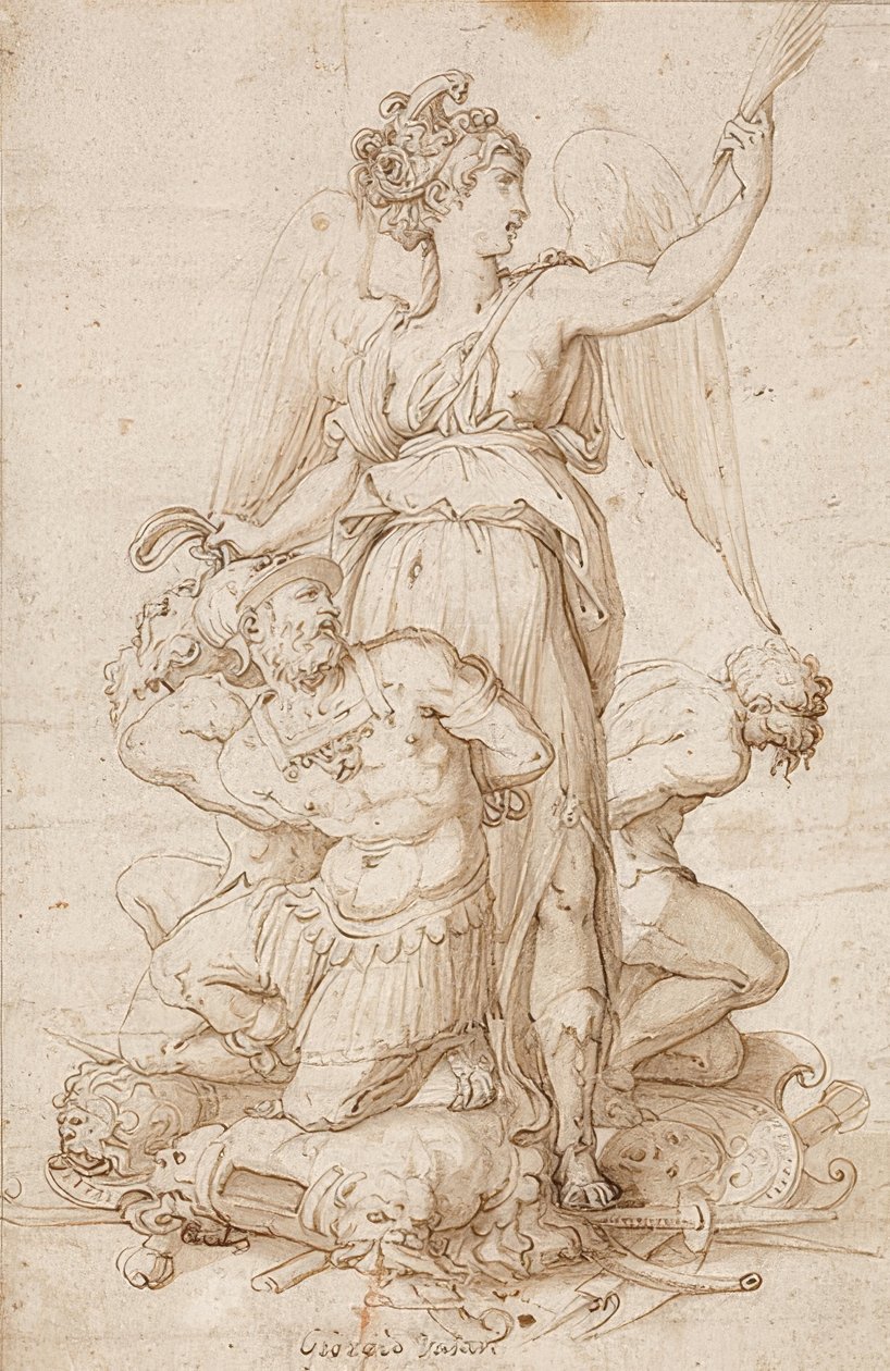 Bevinget Victoria med en palmegren og tre fanger som kneler på trofeer. Rundt 1540 av Giorgio Vasari