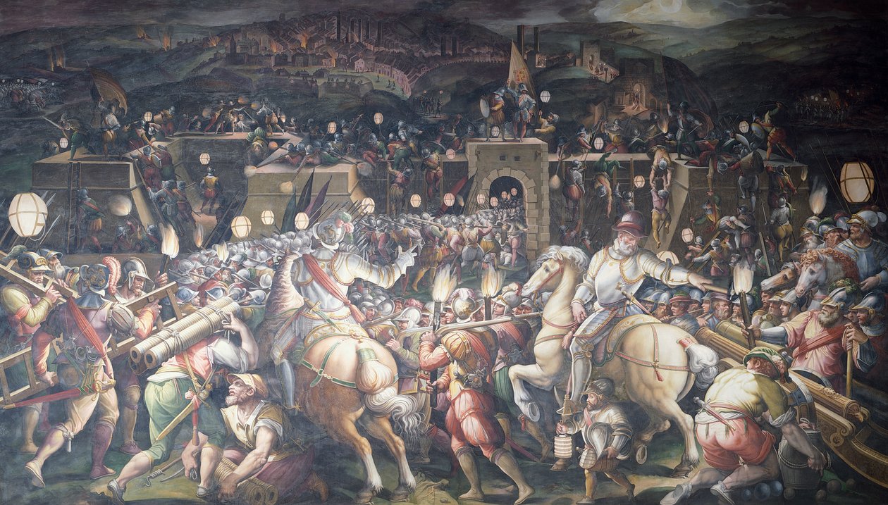 Italia, Firenze, Palazzo Vecchio (gamle palasset), Salone dei Cinquecento, inntak av fortet nær Port Camollia i Siena av Giorgio Vasari