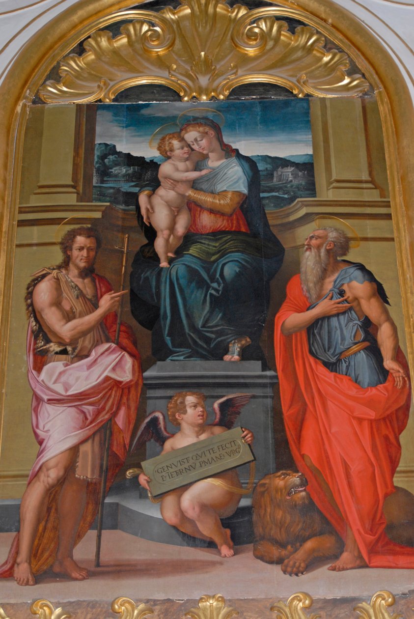 Madonna og barn mellom St John Baptist og St Jerome, maleri av Giorgio Vasari, kirke i Camaldoli kloster, Camaldoli, Toscana, Italia av Giorgio Vasari