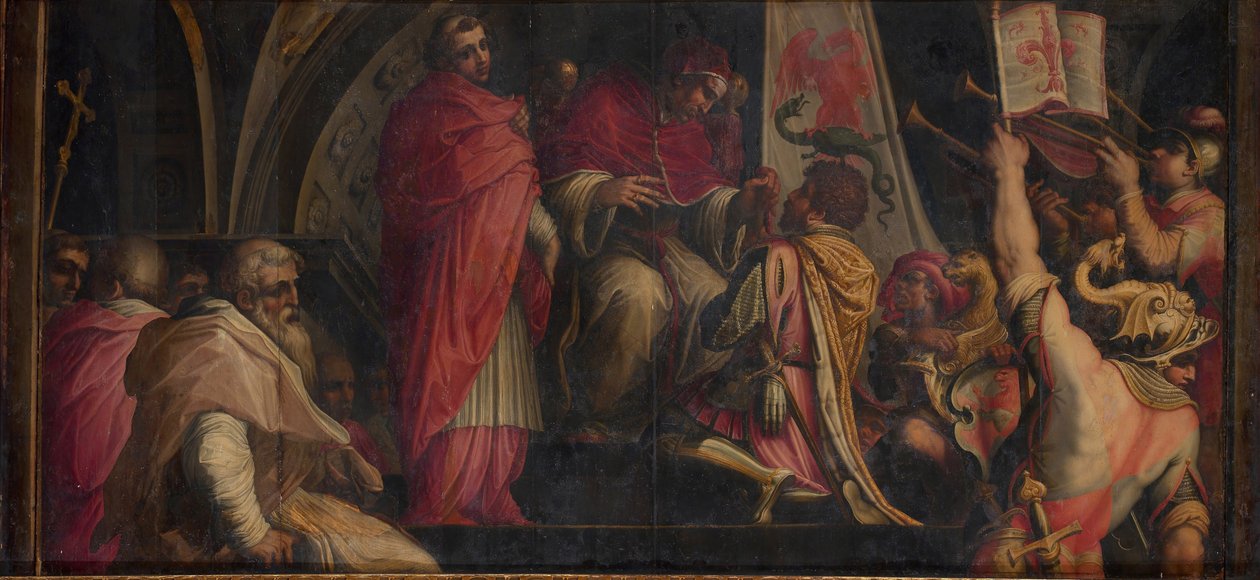 Pave Clemens IV overlater sitt emblem til kapteinene for Guelph-partiet, 1563-1565 av Giorgio Vasari