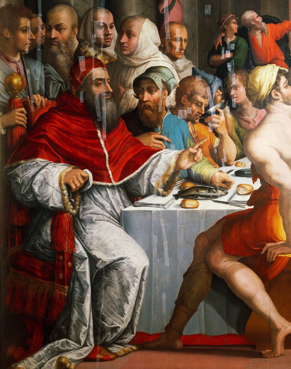 Pave Clement VII i forkledning av San Gregorio, detalj fra Dinner of St Gregory Great av Giorgio Vasari