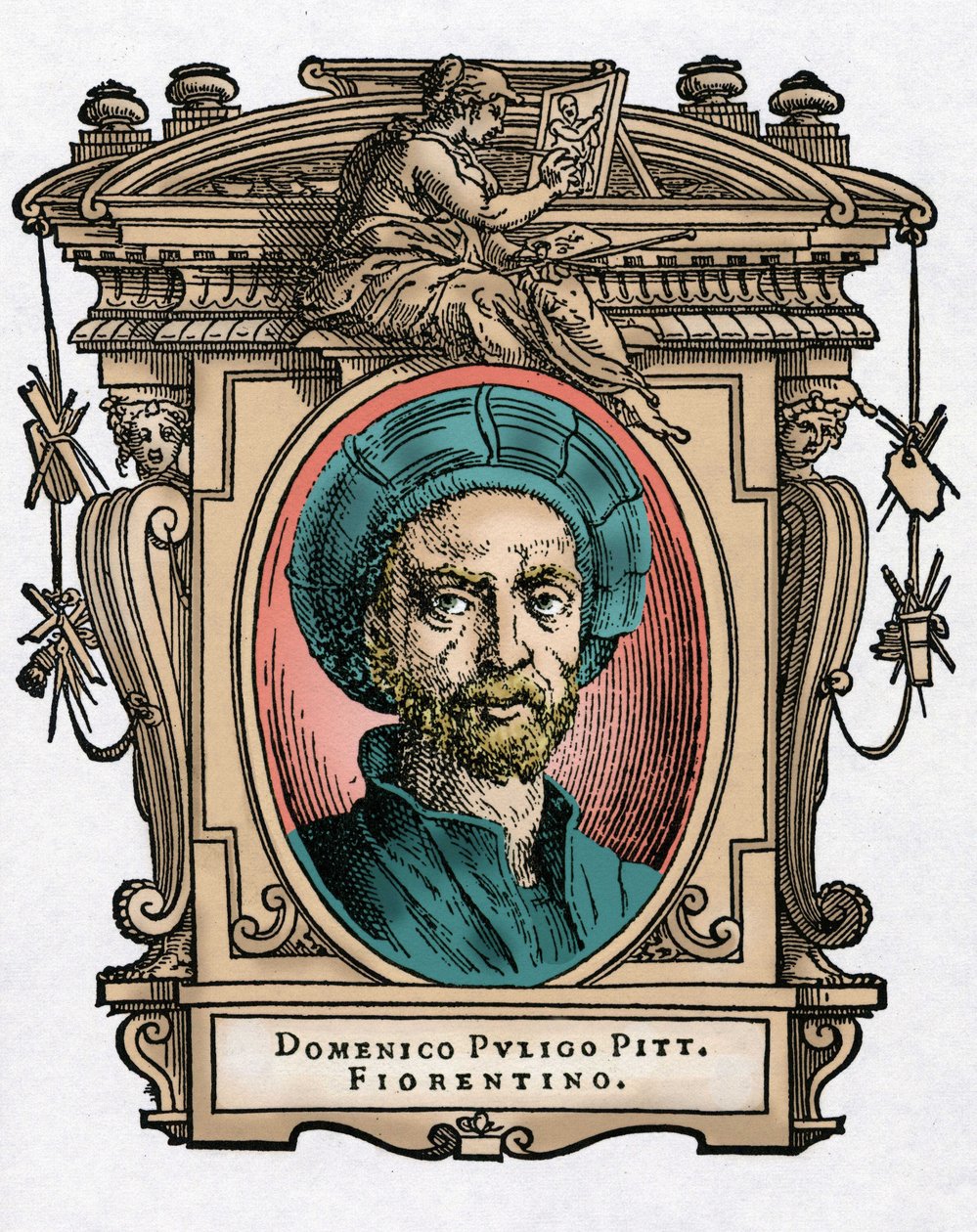 Portrett av Domenico PULIGO [1492-1527] italiensk maler. Gravering av godbiten "" Livene til de mest utmerkede malere, skulptører og arkitekter "" (Le Vite de' piu eccellenti pittori, scultori e architettori) av Giorgio Vasari av Giorgio Vasari