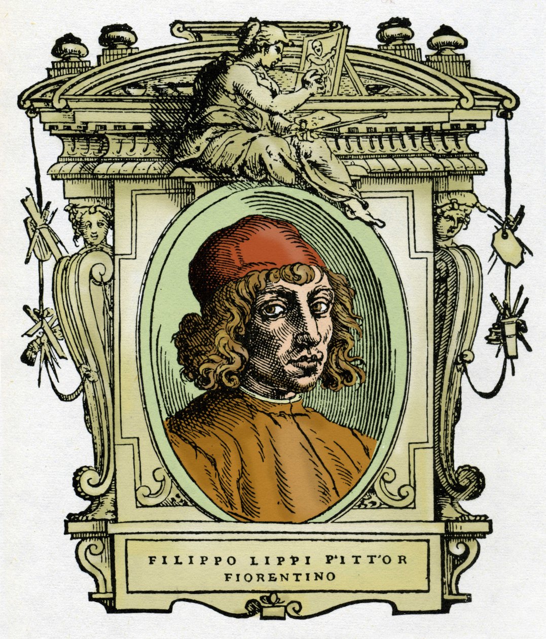 Portrett av Filippo Lippi (1406-1469) florentinsk maler. Xylografi fra "The life of painters" av Giorgio Vasari. av Giorgio Vasari