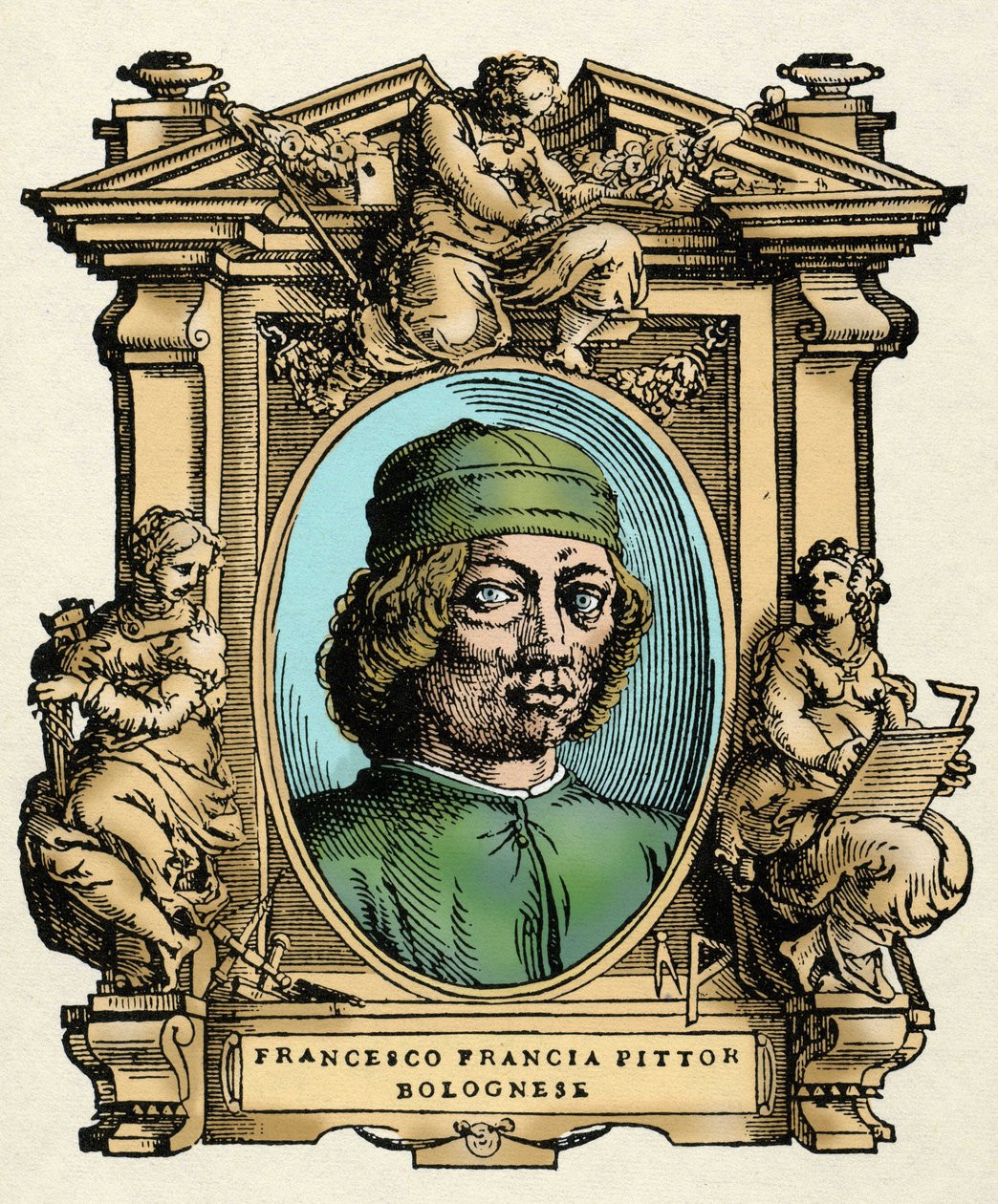 Portrett av Francesco FRANCIA (1450-1517) italiensk maler. Gravering av avhandlingen "" Livene til de mest utmerkede malere, skulptører og arkitekter "" (Le Vite de' piu eccellenti pittori, scultori e architettori) av Giorgio Vasari av Giorgio Vasari