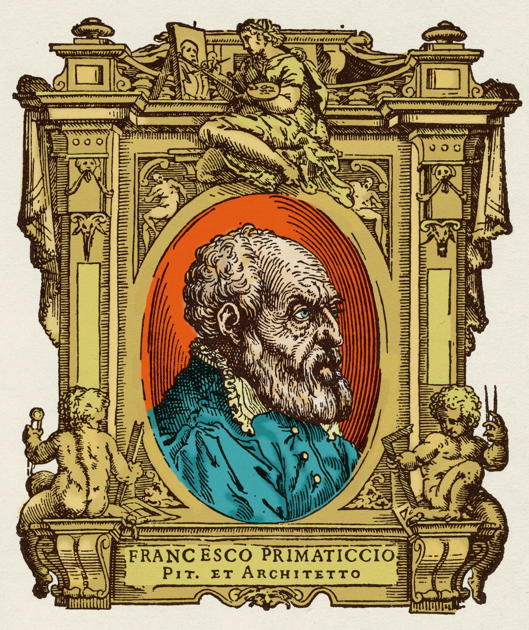 Portrett av Francesco Primaticcio kjent som The Primatice (1504-1570) maler, skulptør og arkitekt. Han var medlem av Ecole de Fontainebleau. Gravering av godbiten "" Livene til de mest utmerkede malere, skulptører og arkitekter "" (Le Vite de
