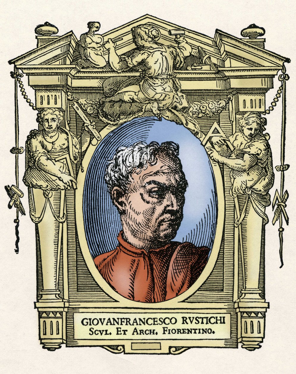 Portrett av Giovan Francesco RUSTICI (1474 - 1554) italiensk skulptør og arkitekt. Gravering av godbiten "" Livene til de mest utmerkede malere, skulptører og arkitekter "" (Le Vite de' piu eccellenti pittori, scultori e architettor av Giorgio Vasari