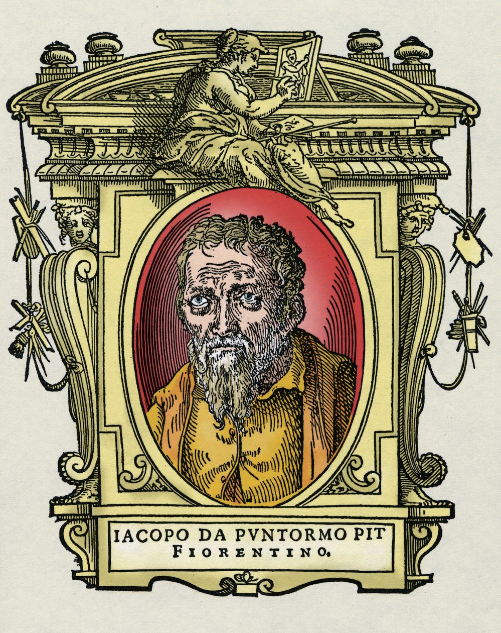 Portrett av Jacopo (Iacopo) Carrucci sa il Pontormo (Pontormo) (1494-1556) italiensk maler. Gravering av godbiten "" Lives of the most excellent painters, sculptors and architects "" (The Lives of the most excellent painters, sculptors  av Giorgio Vasari