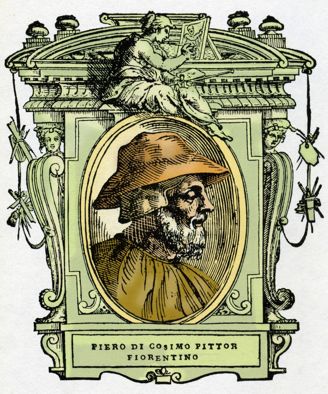 Portrett av Piero di Cosimo (ca. 1462-1521?), florentinsk maler. Gravering av godbiten "" Lives of the most excellent painters, sculptors and architects "" (The Lives of the most excellent painters, sculptors and architects) av Giorgio Vasari av Giorgio Vasari