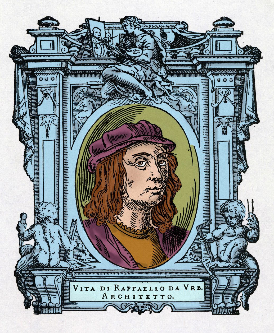 Portrett av Raphael (Raffaello Sanzio 1483 - 1520) italiensk arkitekt og maler. Gravering av godbiten "" Livene til de mest utmerkede malere, skulptører og arkitekter "" (Le Vite de' piu eccellenti pittori, scultori e architettori)  av Giorgio Vasari