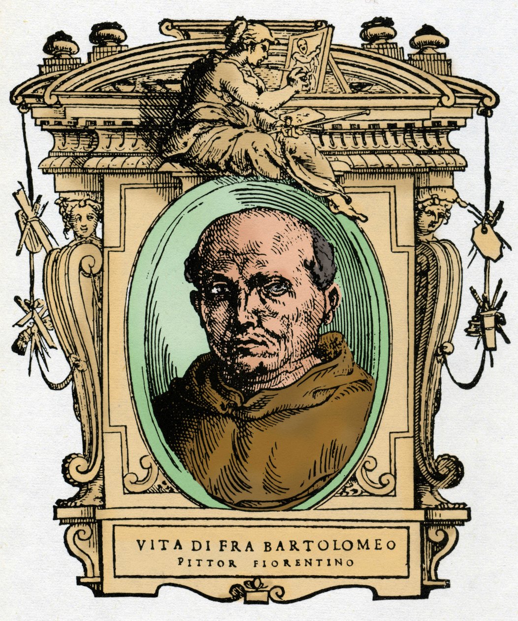 Portrett av den florentinske maleren Fra Bartolomeo (1473-1517) .. Gravering av godbiten "" Lives of the most excellent painters, sculptors and architects "" (The Lives of the most excellent painters, sculptors and architects) av Giorgio Vasari av Giorgio Vasari