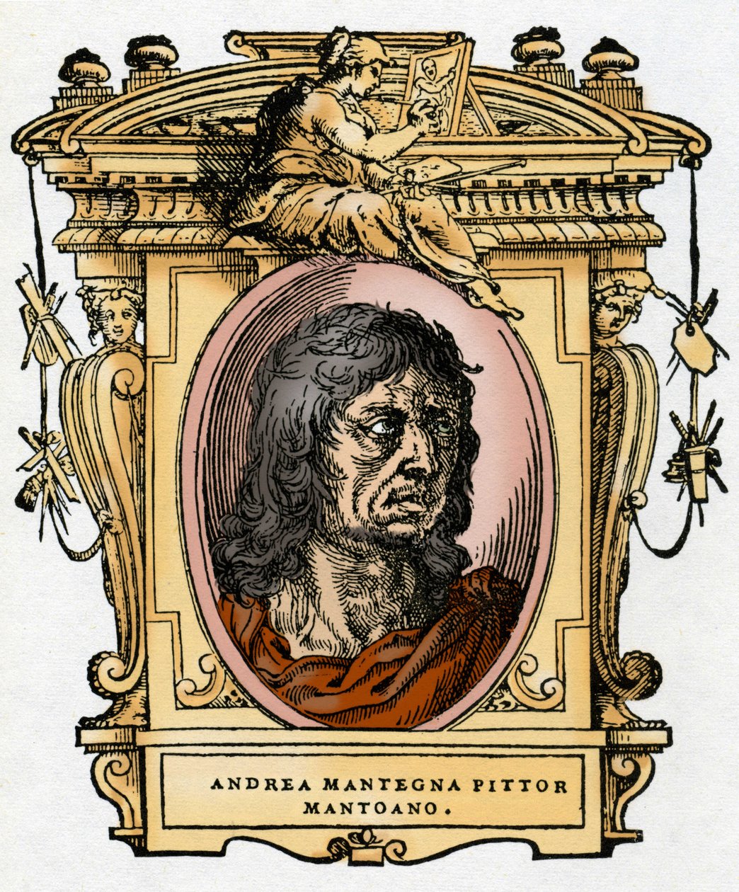 Portrett av maleren Andrea Mantegna (1431-1506) Xylografi fra "The Life of Painters" av Giorgio Vasari. av Giorgio Vasari