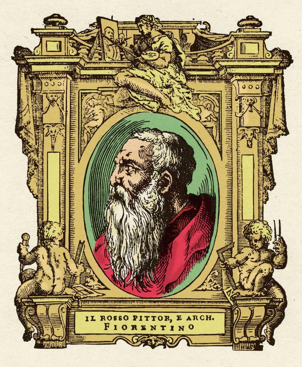 Portrett av maleren Giovanni Battista di Jacopo (Rosso Fiorentino) (1495-1540). Han var medlem av Ecole de Fontainebleau. Gravering av godbiten "" Livene til de mest utmerkede malere, skulptører og arkitekter "" (Le Vite de