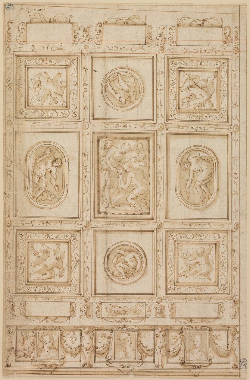 Studer for en takdekorasjon, med Rebecca og Eliezer ved brønnen (recto); Studie for en takdekorasjon (verso) av Giorgio Vasari