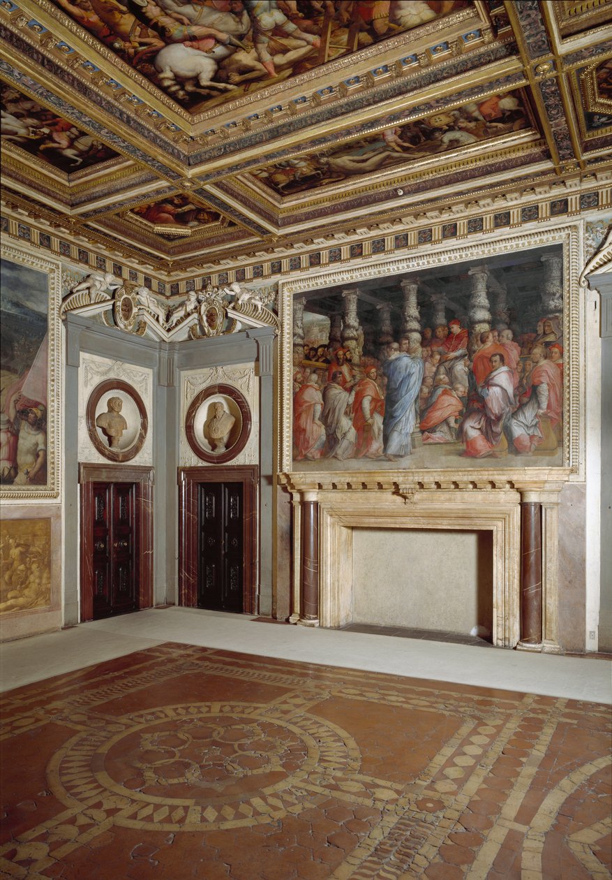 Utsikt over rommet til pave Leo X med et maleri som representerer seg selv under kardinalvalget (fresco av Giorgio Vasari