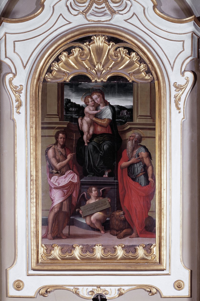 Jomfru omgitt av St John Baptist og St Hieronymus (olje på lerret av Giorgio Vasari