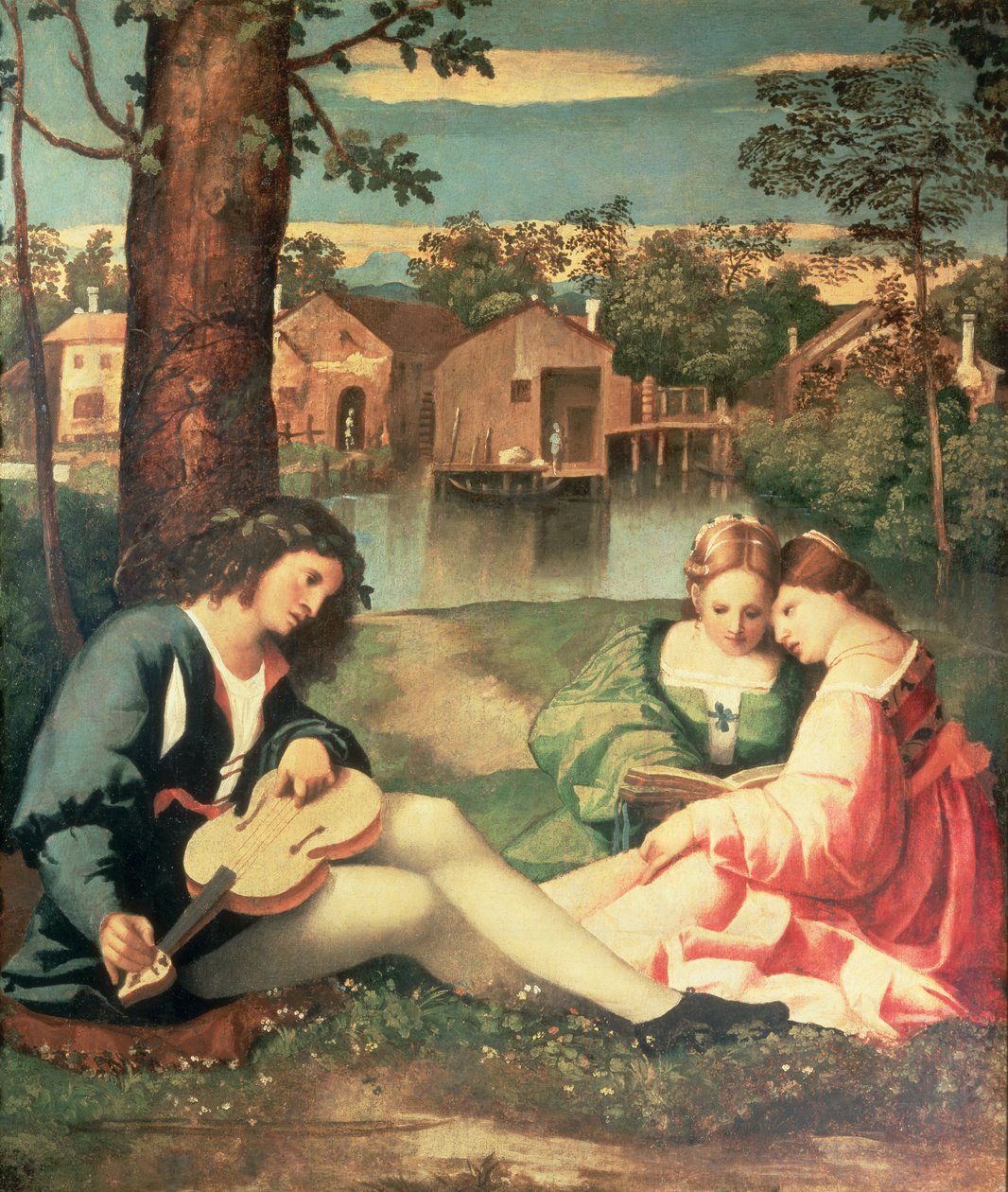 Ungdom med gitar og to jenter som sitter på en elvebredd av Giorgione da Castelfranco