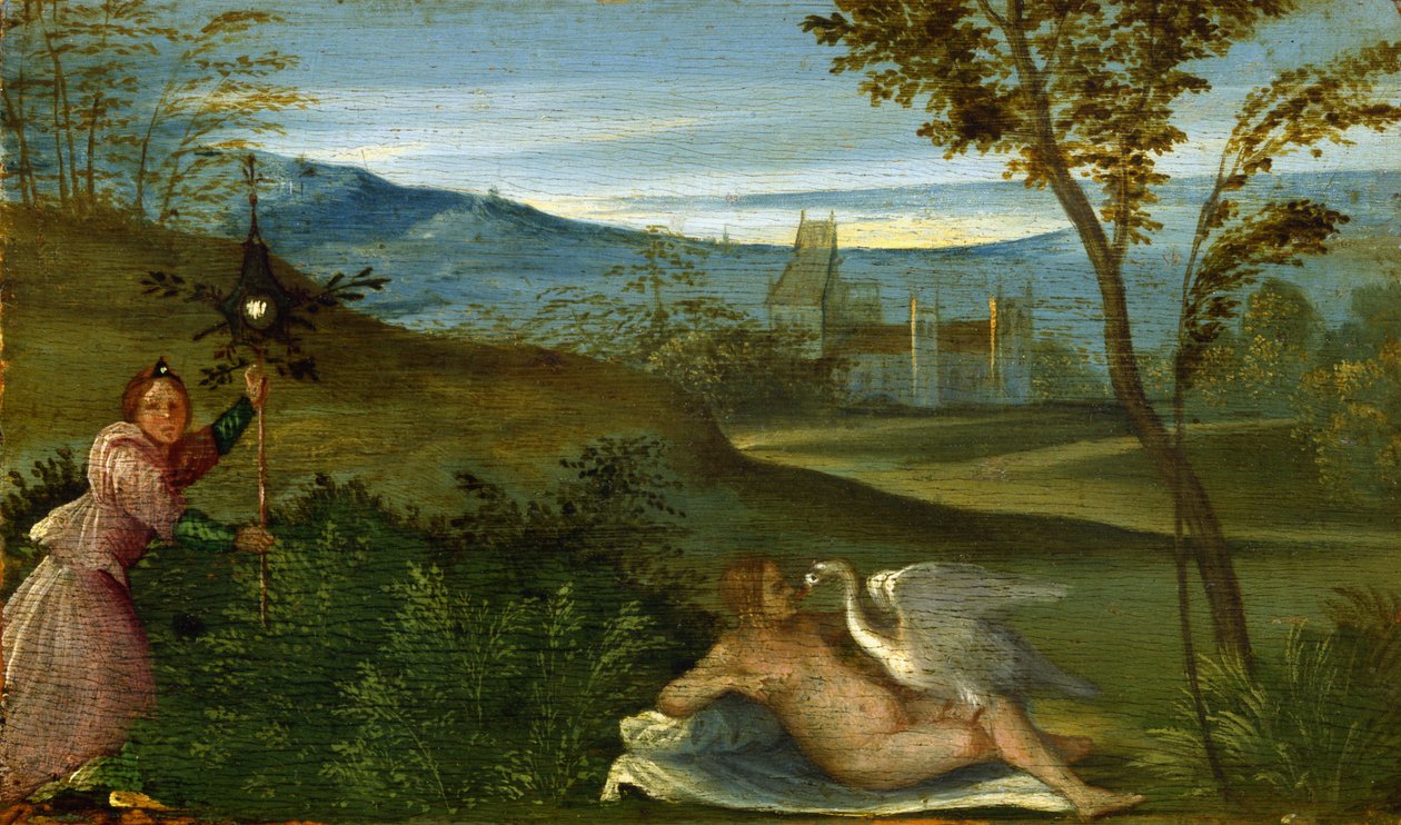 Leda and the Swan - Maleri av Giorgio da Castelfranco dit Giorgione (1477-1510), olje på lerret, rundt 1500 av Giorgione