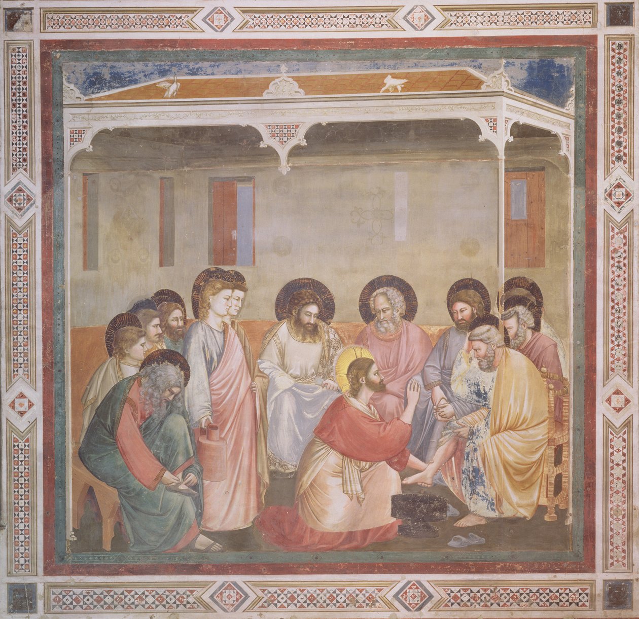 Kristus vasket disiplenes føtter, ca. 1305 (forhåndsrestaurering) (se også 192698) av Giotto di Bondone
