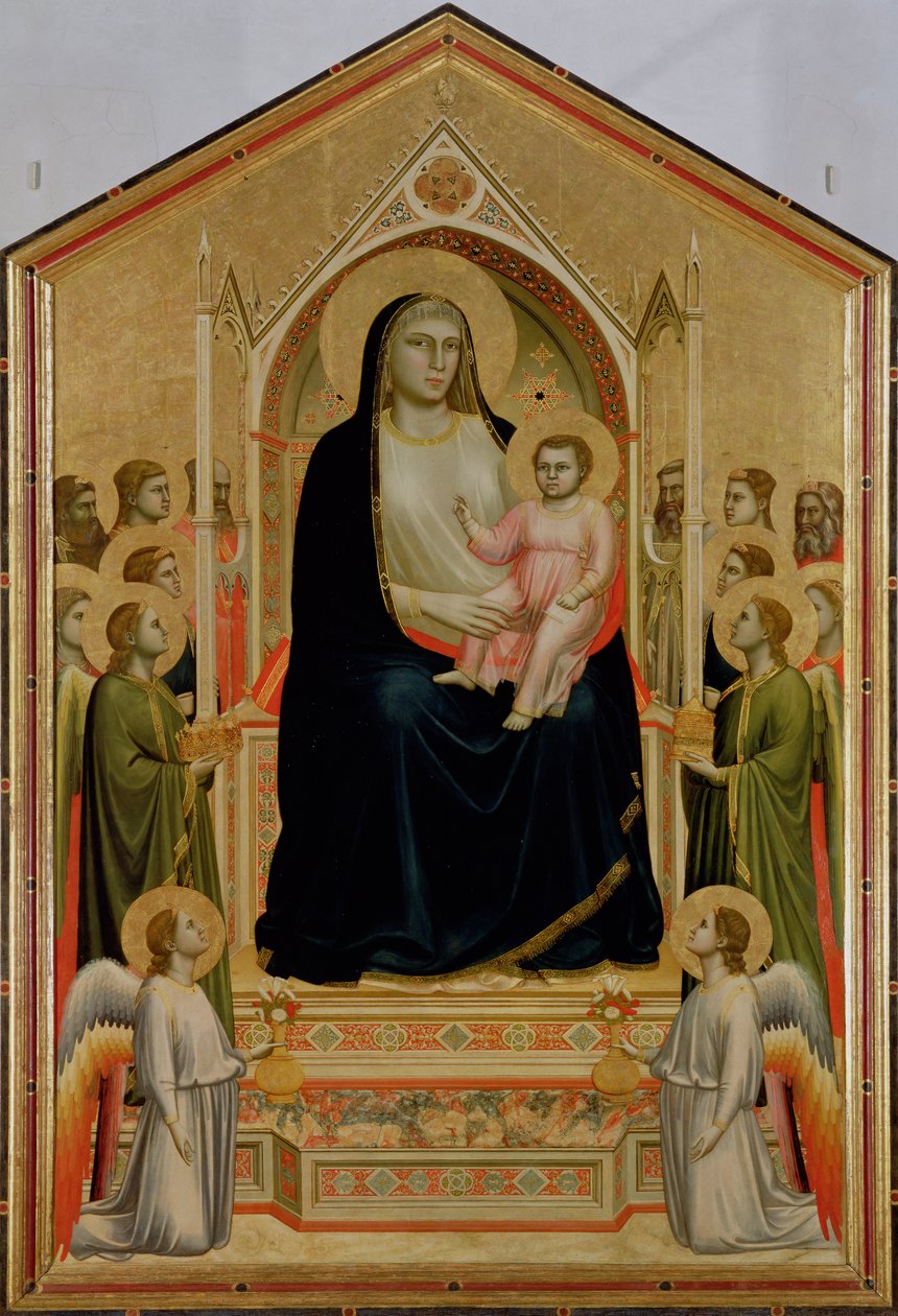 Madonna and Child Enthroned, ca. 1300-10 (tempera på panel) (POST-restaurering) (se også 50342) av Giotto di Bondone