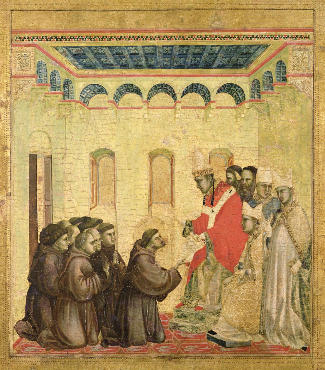 Pave Innocent III (1160-1216) Godkjenner regelen, fra predellapanelet fra St. Francis som mottar Stigmata, ca. 1295-1300 (tempera på panelet) av Giotto di Bondone