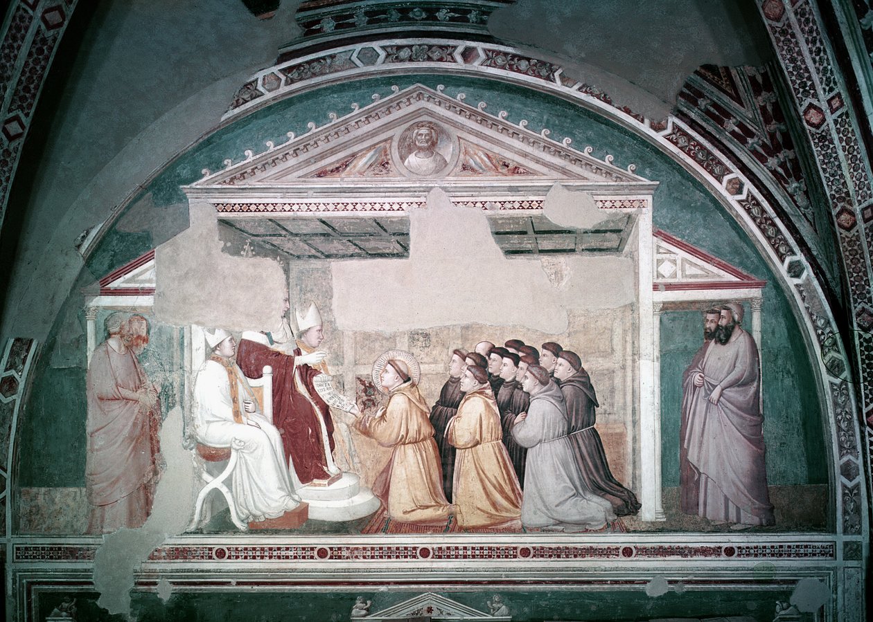 Pave Innocent III (1160-1216) Godkjenner regelen til St. Frans, fra Bardi-kapellet, ca. 1320 av Giotto di Bondone