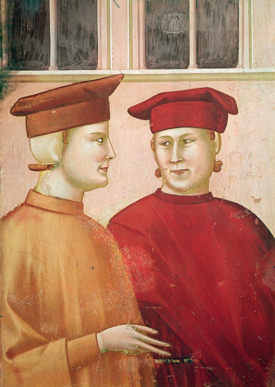 St Francis hedret av en enkel mann, detalj av figurer til venstre, ca. 1297-99 av Giotto di Bondone