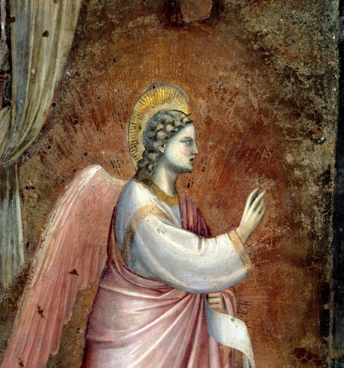 Bebudelsen, detalj av engelen Gabriel, fra lunetten over alteret, ca. 1305 freskomaleri av 97841 av Giotto di Bondone