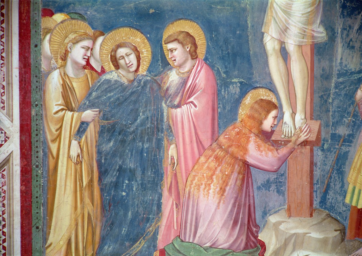 Korsfestelsen, detalj av Maria Magdalena og jomfruen mellom St. Johannes og en kvinnelig helgen, ca. 1303-05 av Giotto di Bondone