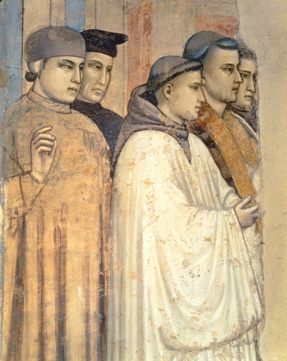 The Death of St. Francis, detalj av de stående sørgende på venstre side, fra Bardi kapell fresco detalj av 63330 av Giotto di Bondone